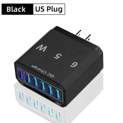 Cargador USB de 6 puertos de carga rápida, adaptador de teléfono móvil para iPhone 14, Samsung, Xiaomi, enchufe de la UE, KR, EE. UU., Reino Unido, 65W, QC3.0