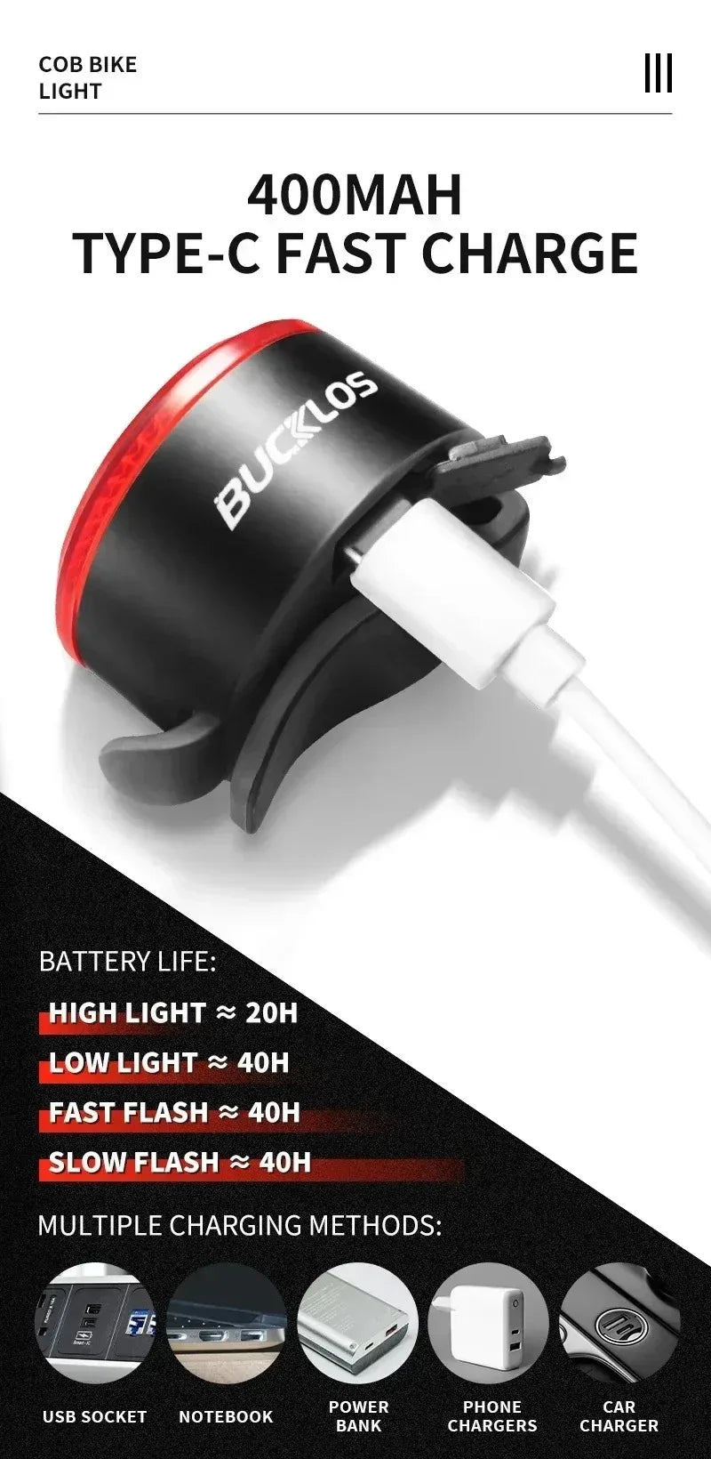 BUCKLOS luz trasera de bicicleta luz delantera 1100mAh LED COB lámpara de bicicleta impermeable USB recargable Mtb luces traseras de bicicleta de carretera piezas de bicicleta