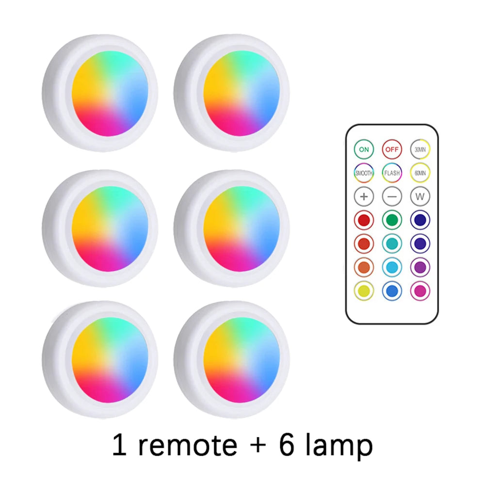 Luces LED RGB para debajo del gabinete con Control remoto, lámpara nocturna regulable inalámbrica alimentada por batería, luces LED para luz de armario del hogar