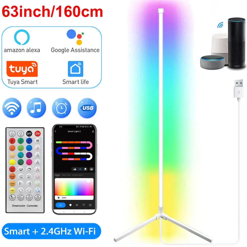 Lámpara de pie de esquina inteligente Tuya de 160cm, iluminación LED RGB regulable, iluminación de ambiente moderna, luces de soporte Alexa para dormitorio, juegos, decoración para sala de estar