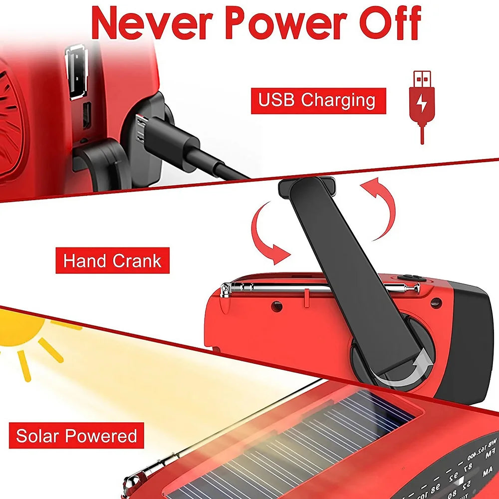 Luz de Camping alimentada por manivela Solar con Radio AM/FM para exteriores, linterna LED de dinamo de mano multifuncional con carga USB de 2000mAh