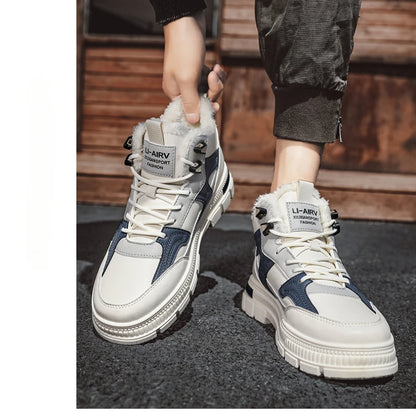 2024 nuevo modelo de zapatos de invierno para hombres, además de zapatillas de deporte gruesas y cálidas de terciopelo para nieve fría, zapatos deportivos informales blancos que combinan con todo para hombres