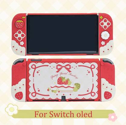 Protector de carcasa trasera dura de fresa para Nintendo Switch/controlador Oled Joy-Con, empuñadura de mano, botones ABXY, cubierta completa de silicona