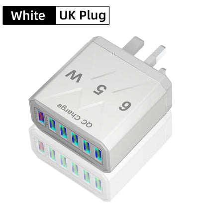 Cargador USB de 6 puertos de carga rápida, adaptador de teléfono móvil para iPhone 14, Samsung, Xiaomi, enchufe de la UE, KR, EE. UU., Reino Unido, 65W, QC3.0