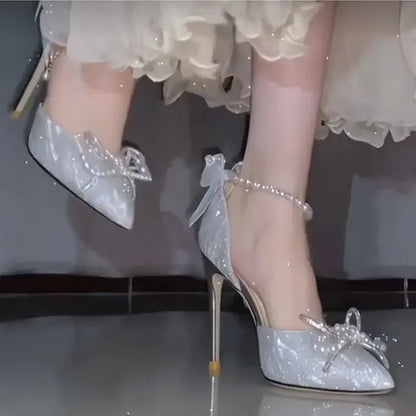Zapatos de boda para mujer, sandalias de satén con lazo de cristal, zapatos transparentes de tacón alto para fiesta y graduación, 2023