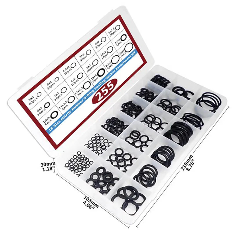 Kit de juntas tóricas de goma de 255 piezas, kit surtido de sellado de juntas de arandela NBR métrica de 18 tamaños, para grifo de plomería, automóvil, aire o gas