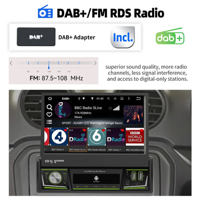 Radio de coche ESSGOO 7 pulgadas 1 DIN Flip-Out, 4+64 GB, Carplay inalámbrico, Android Auto, Bluetooth, pantalla táctil, Android 14, reproductor MP5, unidad principal, SWC, GPS, cámara.