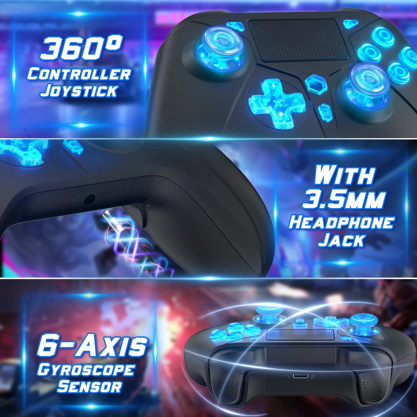 Controlador inalámbrico para consolas PS4, Compatible con Ps4 /Slim/Pro/ PC,gamepads, Compatible con función Turbo con luz de botón RGB