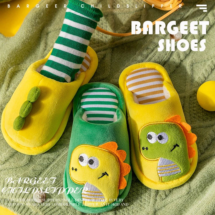 Zapatilla de piel de dinosaurio de dibujos animados para niños, zapatos suaves de otoño e invierno cálidos de princesa para bebés y niñas, zapatos de piel de lana de algodón para interiores y dormitorios