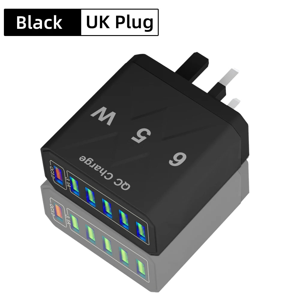 Cargador USB de 6 puertos de carga rápida, adaptador de teléfono móvil para iPhone 14, Samsung, Xiaomi, enchufe de la UE, KR, EE. UU., Reino Unido, 65W, QC3.0