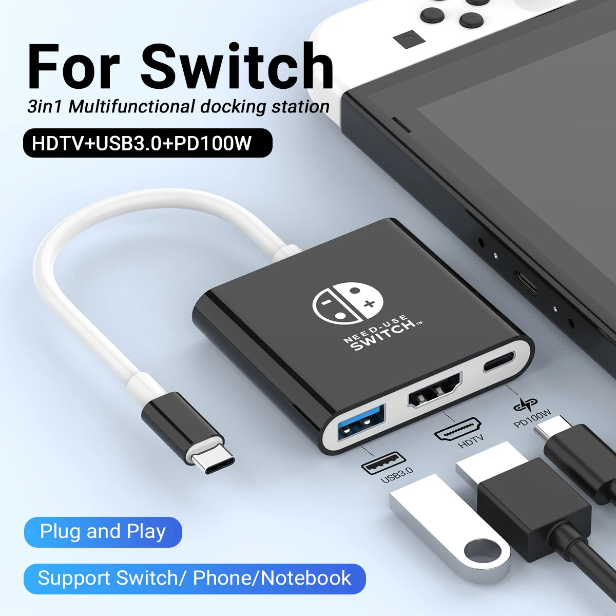 Estación de acoplamiento para juegos portátil Hub TYPE-C con HDMI y USB 3.0 Perfecto para viajes y juegos