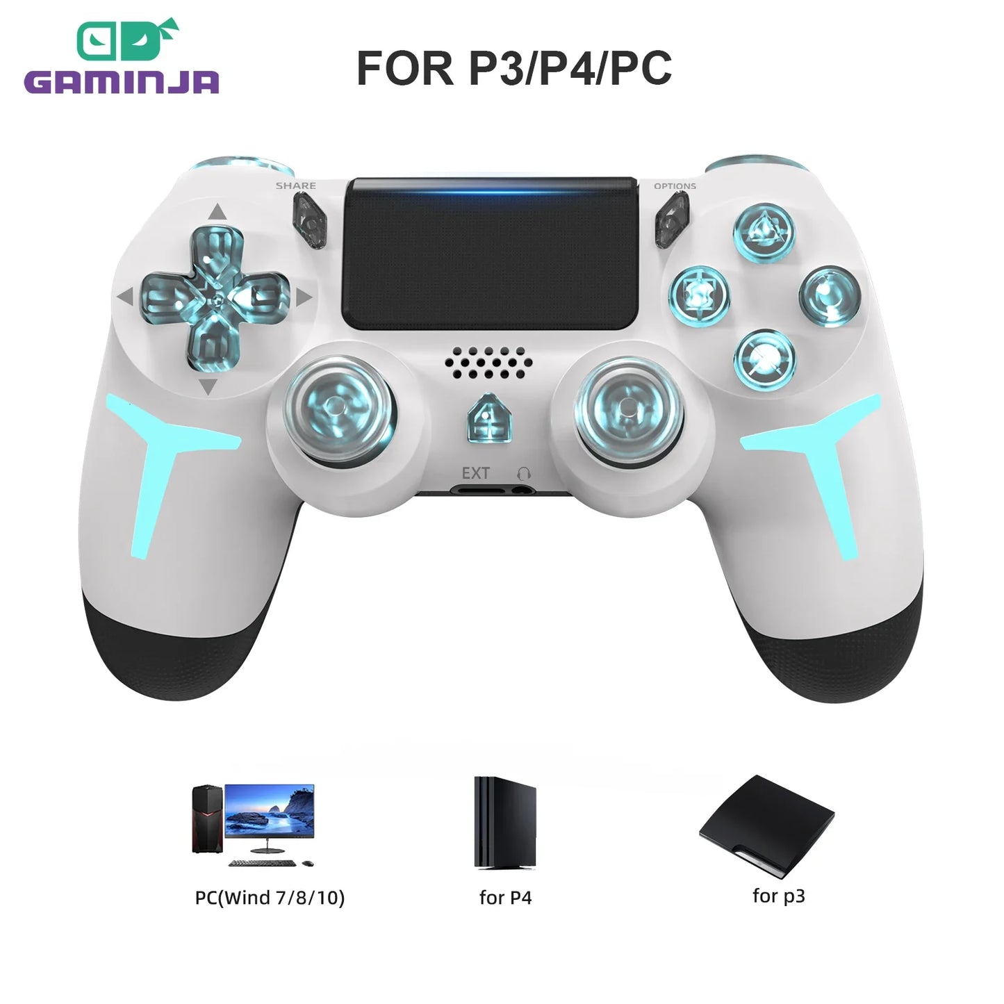 GAMINJA-controlador de juego inalámbrico con luz RGB para consola PS4, PS3, ordenador, PC, LED, Bluetooth, giroscopio de 6 ejes, doble vibración