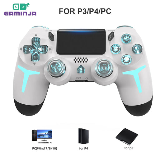 GAMINJA-controlador de juego inalámbrico con luz RGB para consola PS4, PS3, ordenador, PC, LED, Bluetooth, giroscopio de 6 ejes, doble vibración