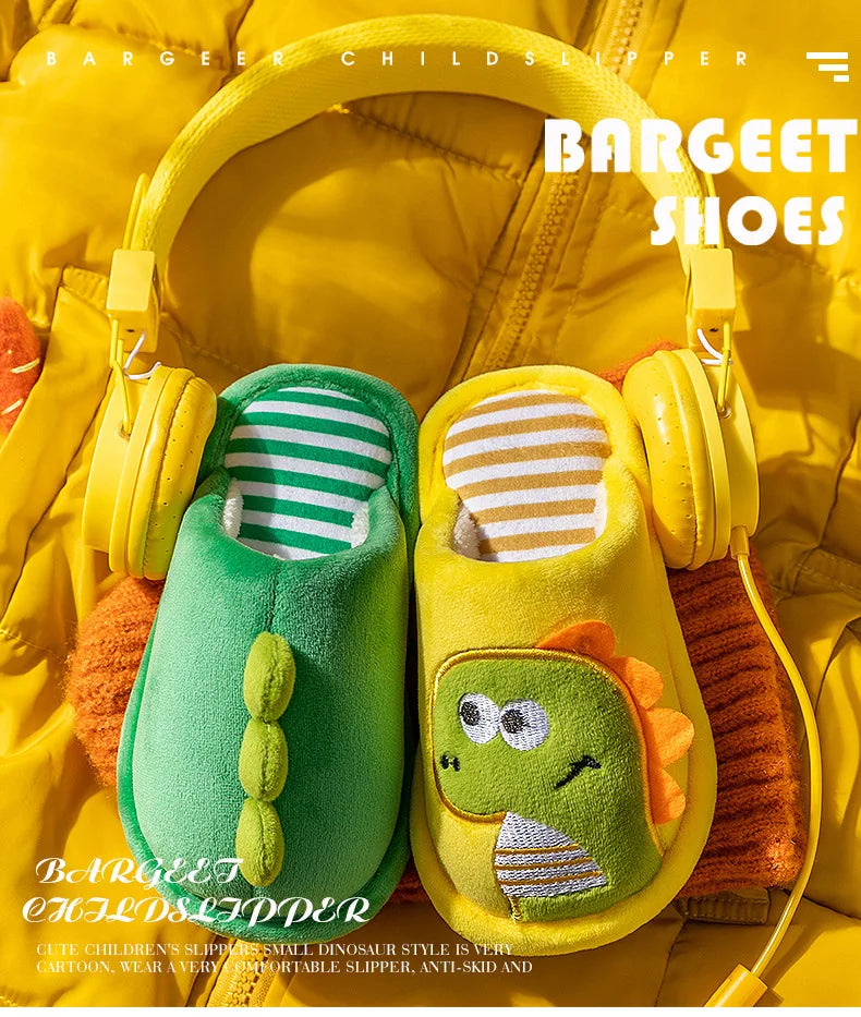 Zapatilla de piel de dinosaurio de dibujos animados para niños, zapatos suaves de otoño e invierno cálidos de princesa para bebés y niñas, zapatos de piel de lana de algodón para interiores y dormitorios