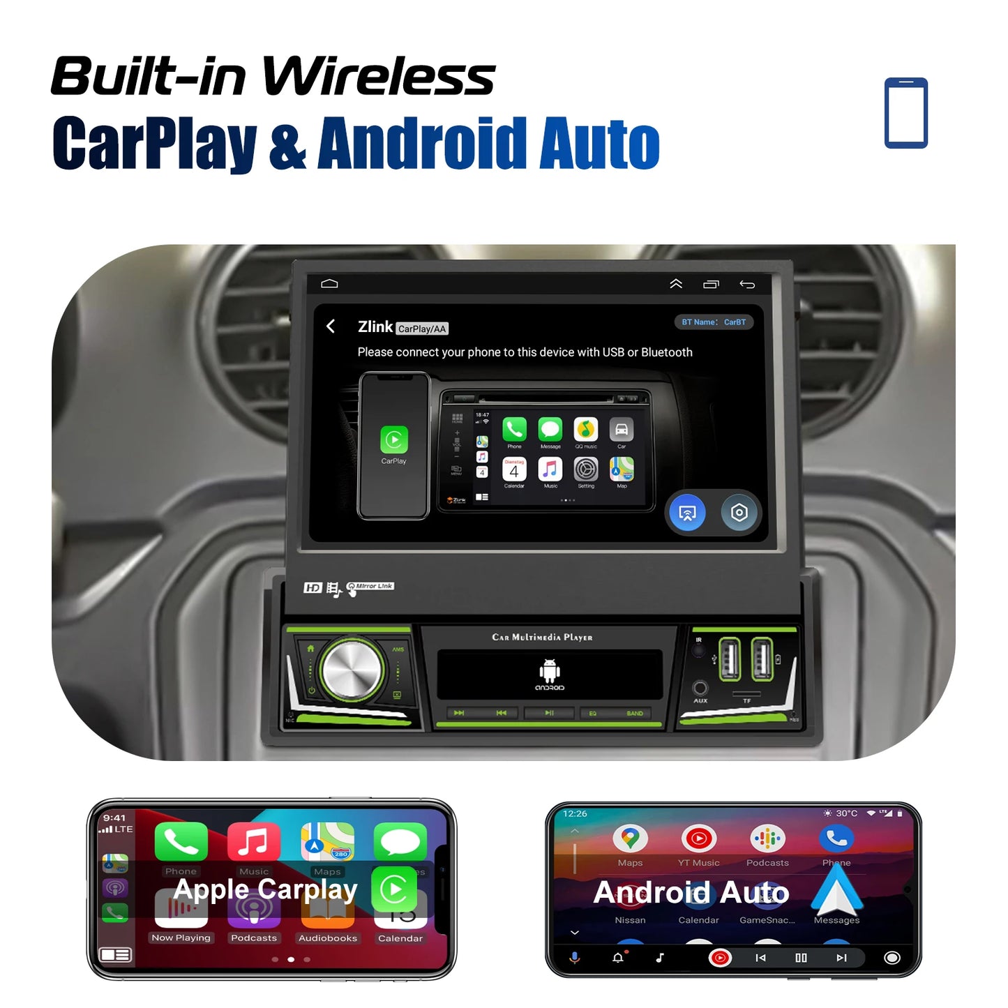 Radio de coche ESSGOO 7 pulgadas 1 DIN Flip-Out, 4+64 GB, Carplay inalámbrico, Android Auto, Bluetooth, pantalla táctil, Android 14, reproductor MP5, unidad principal, SWC, GPS, cámara.