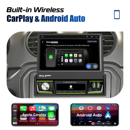 Radio de coche ESSGOO 7 pulgadas 1 DIN Flip-Out, 4+64 GB, Carplay inalámbrico, Android Auto, Bluetooth, pantalla táctil, Android 14, reproductor MP5, unidad principal, SWC, GPS, cámara.