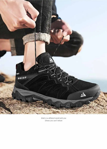 HIKEUP, zapatos de senderismo de cuero de alta calidad, duraderos, para deportes al aire libre, zapatos de cuero para senderismo para hombres, zapatillas de deporte con cordones para escalar y cazar