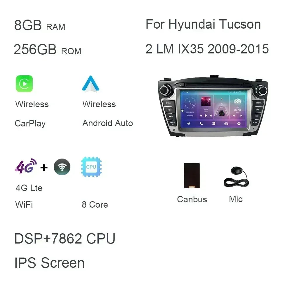 7 "Carplay DSP IPS Android 13,0 8GB + 128GB 8 núcleos reproductor Multimedia GPS Radio Wifi para Hyundai Tucson 2 LM IX35 2009-2015
