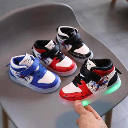 Zapatillas de deporte Disney para niños y niñas, zapatos deportivos con luz Led de Spiderman, zapatos para estudiantes, zapatos antideslizantes con gancho para niños, zapatos de cesta para exteriores