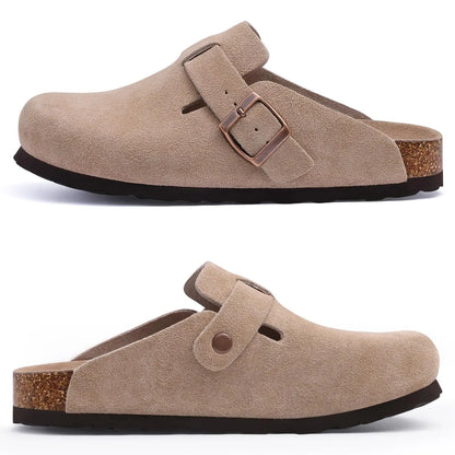 Crestar, zuecos de moda, zapatillas para mujer, gamuza clásica, mulas para hombre, plantilla de corcho, zapatos de patata de cuero con soporte para arco, tobogán de playa