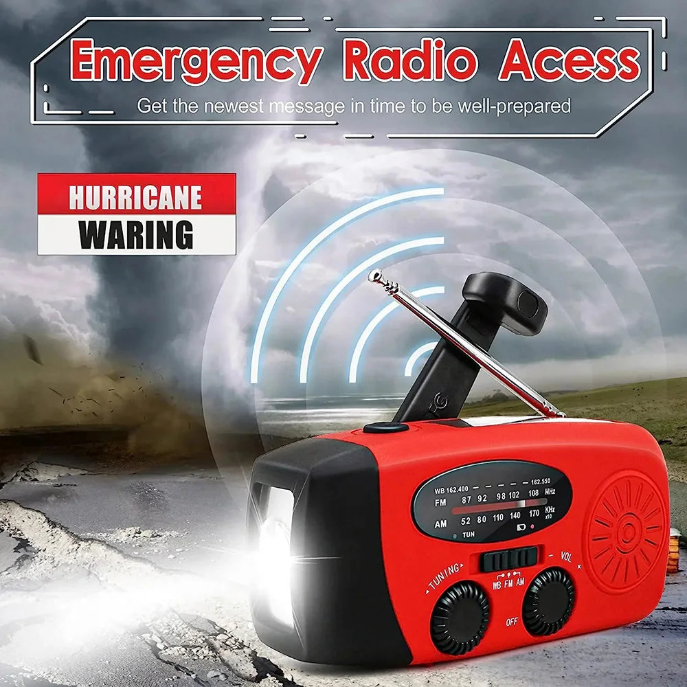 Luz de Camping alimentada por manivela Solar con Radio AM/FM para exteriores, linterna LED de dinamo de mano multifuncional con carga USB de 2000mAh