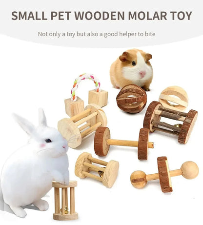 conejillo de indias, conejo, hámster, Animal PEQUEÑO, juguetes con rodillo para mascotas, mancuernas de pino de madera Natural, monociclo, campana para masticar, bola trenzada
