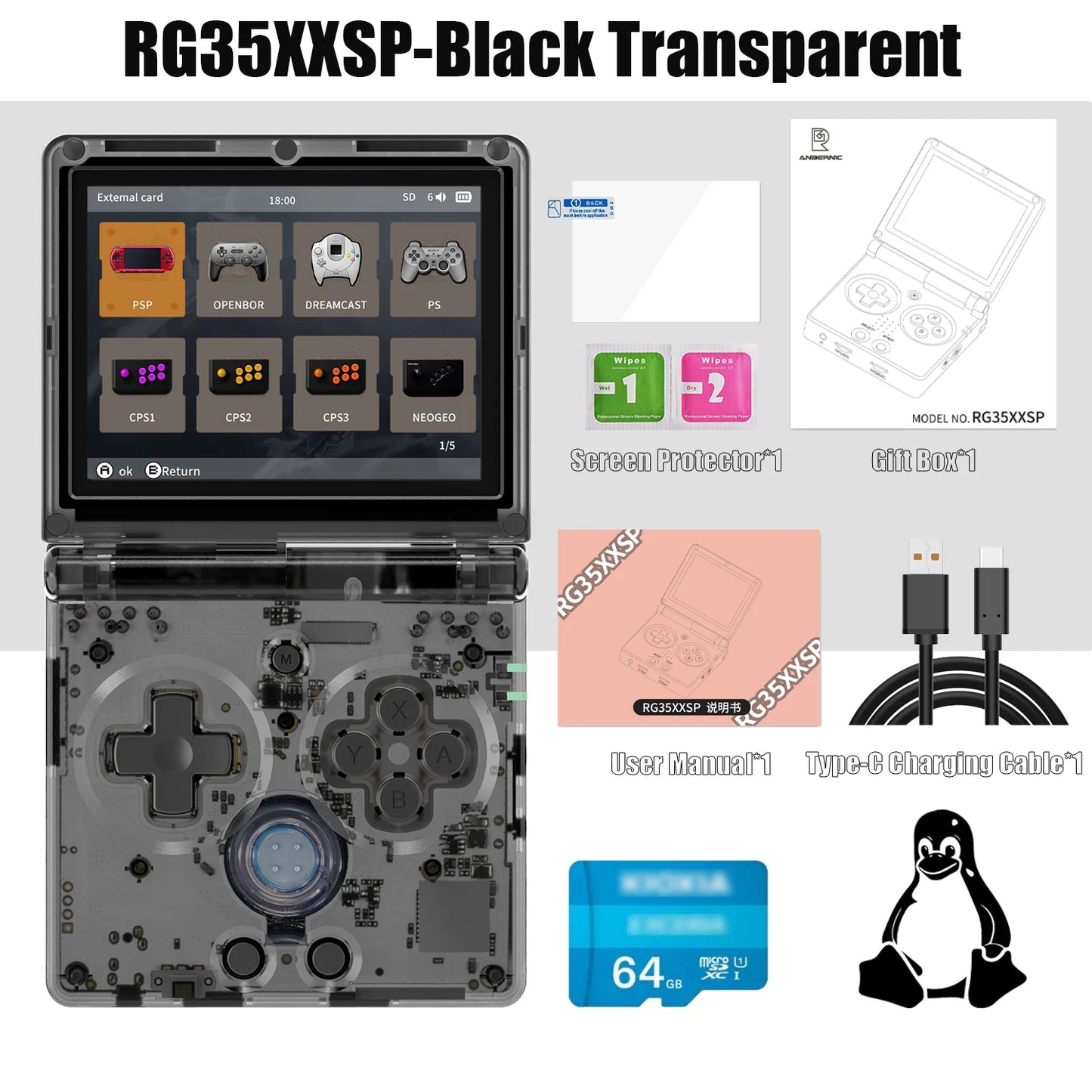 ANBERNIC nueva consola de juegos portátil RG35XXSP con tapa consola de videojuegos IPS de 3,5 pulgadas sistema Linux de 64 bits 64G reproducción en línea