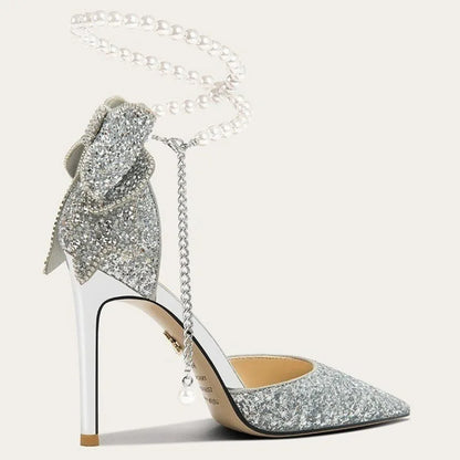 Nuevo temperamento francés puntiagudo de boca poco profunda, elegante lazo de lentejuelas, tacones altos, línea de perlas de tacón fino para mujer con un solo zapato