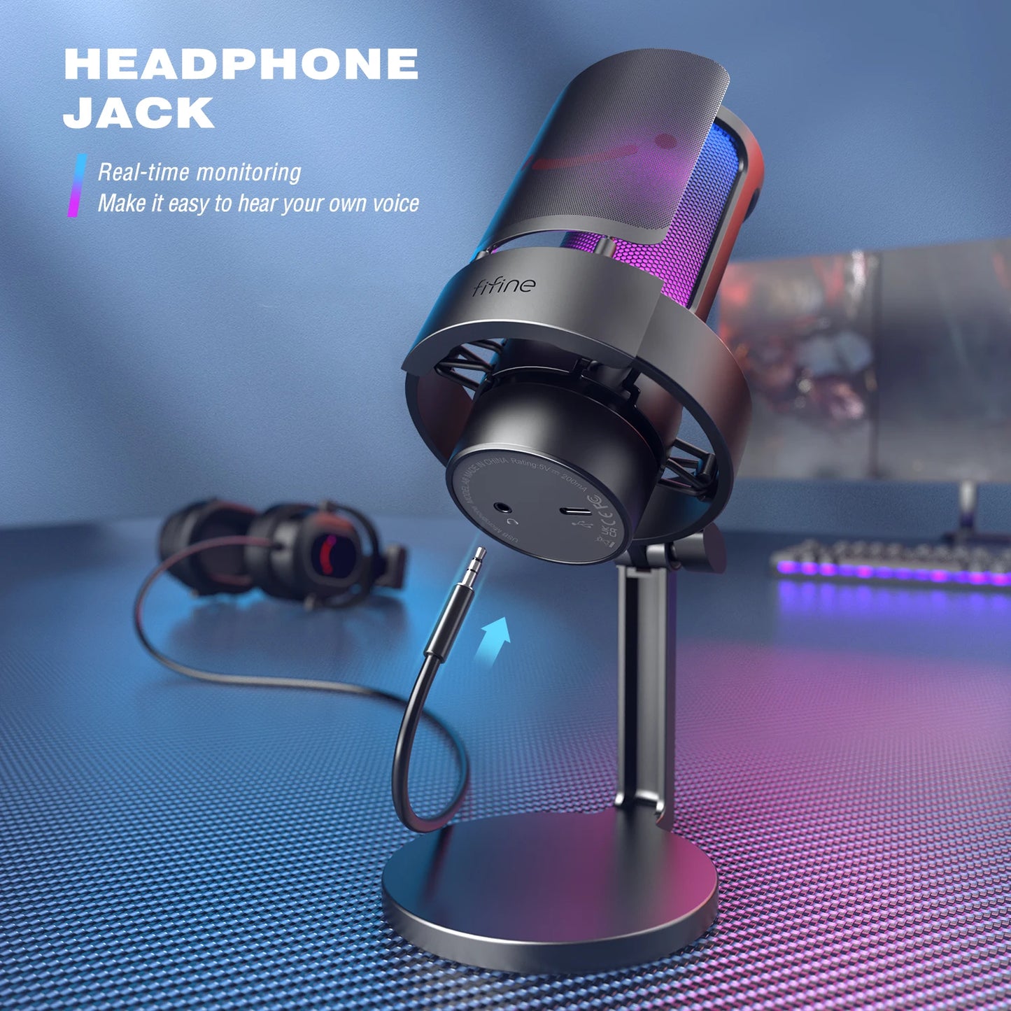 Micrófono USB FIFINE para grabar y transmitir en PC y Mac, salida de auriculares y botón de silencio táctil, micrófono con 3 modos RGB -A8
