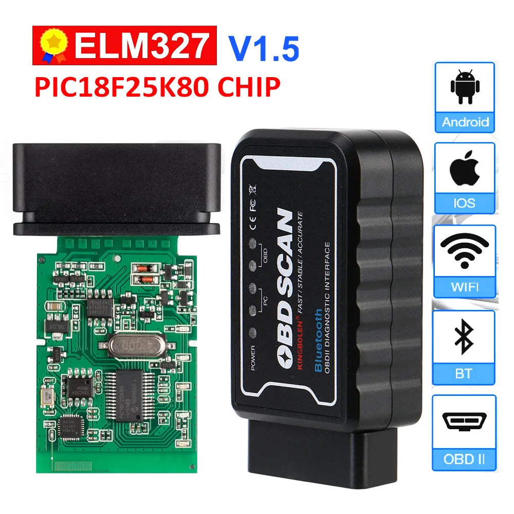 OBDII-herramienta de diagnóstico de coche, escáner lector de código, WiFi/Bluetooth ELM 327 V 1,5 ICAR2 OBD SCAN para Android/IOS PIC18F25K80 Chip