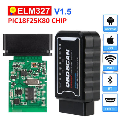 OBDII-herramienta de diagnóstico de coche, escáner lector de código, WiFi/Bluetooth ELM 327 V 1,5 ICAR2 OBD SCAN para Android/IOS PIC18F25K80 Chip