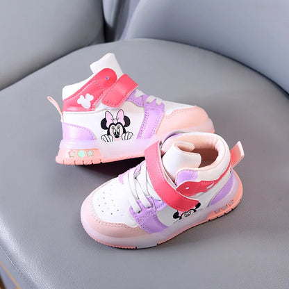 Zapatos Causla de Disney para niñas, zapatillas deportivas informales de cuero PU con LED luminiscentes de Mickey Mouse para niños de 1 a 6 años