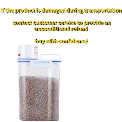 Cubo de comida para perros y gatos, tanque de almacenamiento de plástico con taza medidora, contenedor sellado a prueba de humedad, accesorios para suministros para mascotas, 1,5 kg/2kg