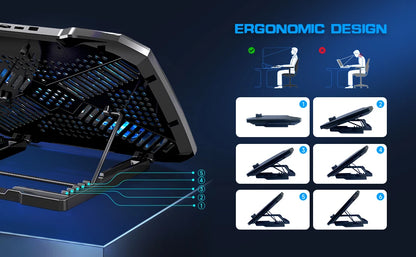 COOLCOOLD Almohadilla de enfriamiento para computadora portátil para soporte enfriador para computadora portátil de 12-17 pulgadas, 5 ventiladores silenciosos, 5 ángulos ajustables con soporte para teléfono