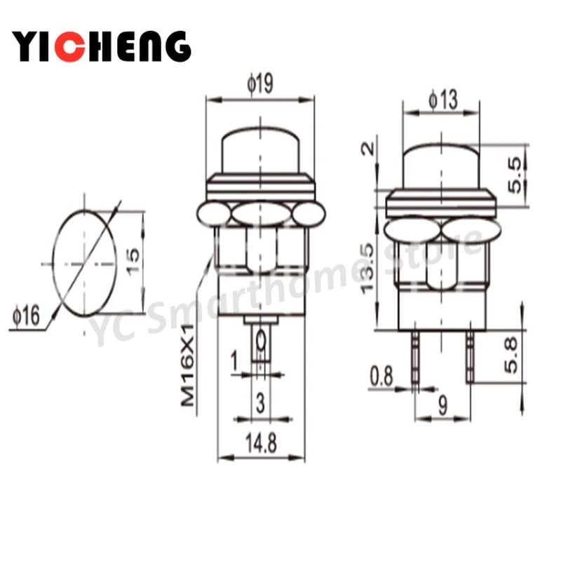 6 uds momentáneo SPST sin tapa redonda interruptor de botón AC 6A/125V 3A/250V 6 colores R13-507 botón momentáneo