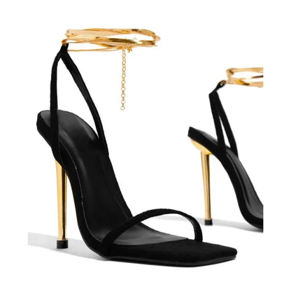 Tacones de mujer Sandalias de tacón alto doradas sexy Sandalias finas de tacón de aguja de metal con una sola correa Zapatos de tacón dorado