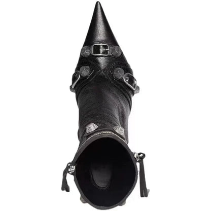 Botines de tacón alto y fino para mujer, decoración de Metal, remaches, flecos, cremallera, punta pintada, botines de motocicleta para mujer, zapatos de mujer
