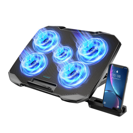 COOLCOOLD Almohadilla de enfriamiento para computadora portátil para soporte enfriador para computadora portátil de 12-17 pulgadas, 5 ventiladores silenciosos, 5 ángulos ajustables con soporte para teléfono