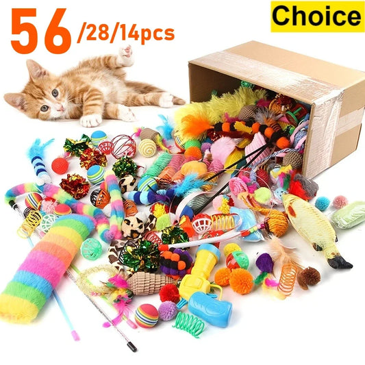 Paquete mixto de juguetes para gatos de 56 piezas/28 piezas/14 piezas. Una combinación de varios juguetes de plástico y juguetes de peluche adecuados para múltiples gatos para jugar