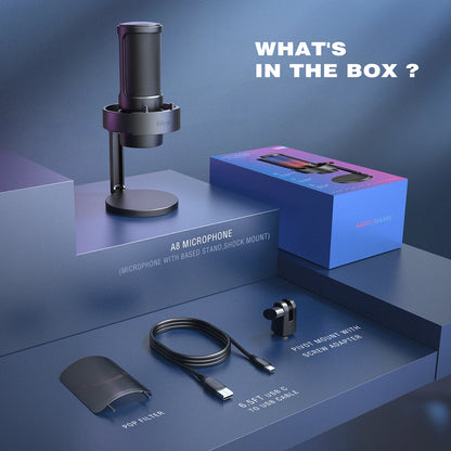 Micrófono USB FIFINE para grabar y transmitir en PC y Mac, salida de auriculares y botón de silencio táctil, micrófono con 3 modos RGB -A8