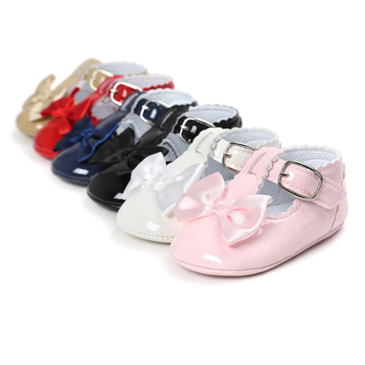 Meckior-zapatos antideslizantes con suela de goma y lazo para bebé, calzado clásico de PU para primeros pasos, cuna