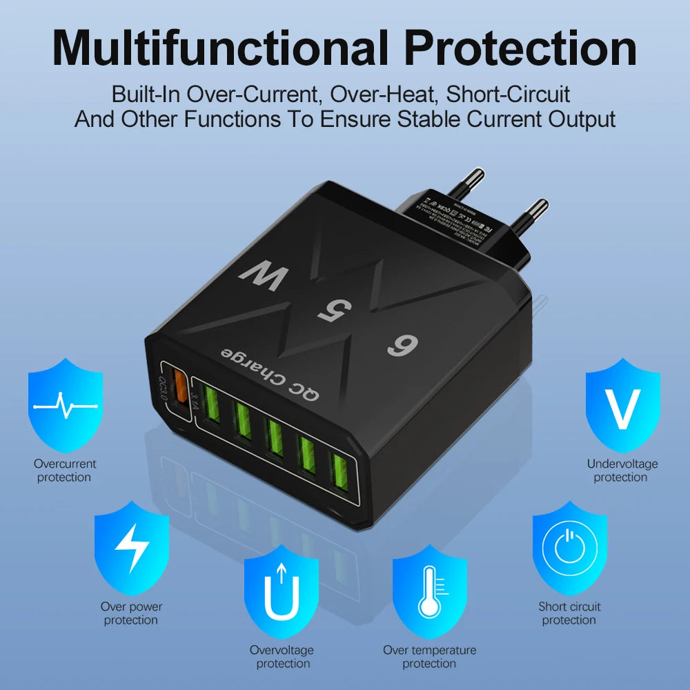 Cargador USB de 6 puertos de carga rápida, adaptador de teléfono móvil para iPhone 14, Samsung, Xiaomi, enchufe de la UE, KR, EE. UU., Reino Unido, 65W, QC3.0