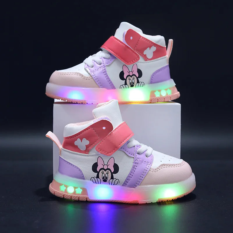 Zapatos Causla de Disney para niñas, zapatillas deportivas informales de cuero PU con LED luminiscentes de Mickey Mouse para niños de 1 a 6 años