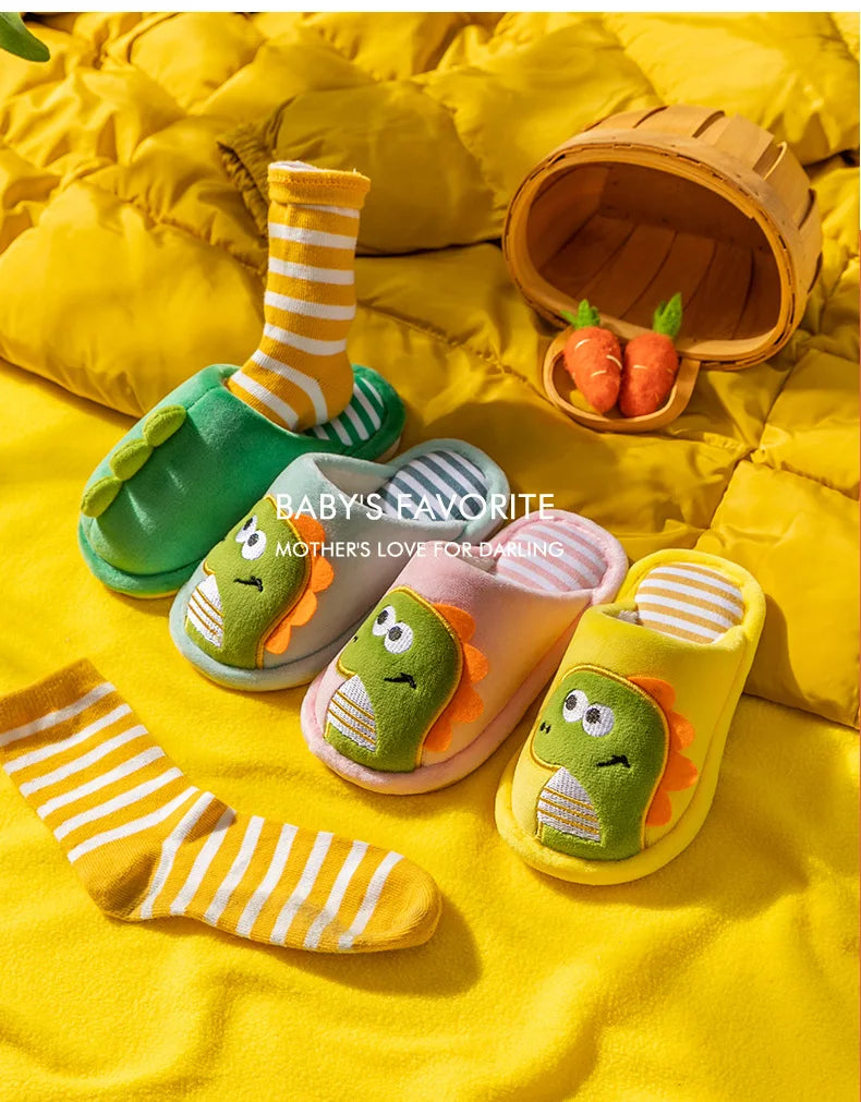 Zapatilla de piel de dinosaurio de dibujos animados para niños, zapatos suaves de otoño e invierno cálidos de princesa para bebés y niñas, zapatos de piel de lana de algodón para interiores y dormitorios