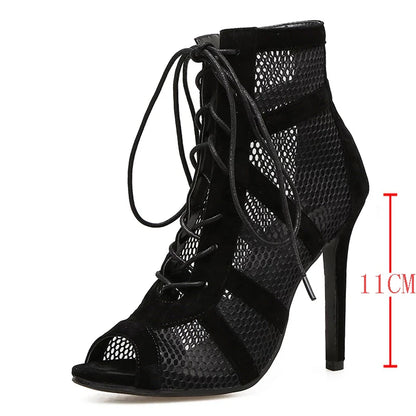 Zapatos negros sexis con cordones cruzados para mujer, cómodos tacones finos de alta calidad, sandalias de baile con punta abierta, zapatos de tacón calados con correa en el tobillo