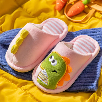 Zapatilla de piel de dinosaurio de dibujos animados para niños, zapatos suaves de otoño e invierno cálidos de princesa para bebés y niñas, zapatos de piel de lana de algodón para interiores y dormitorios