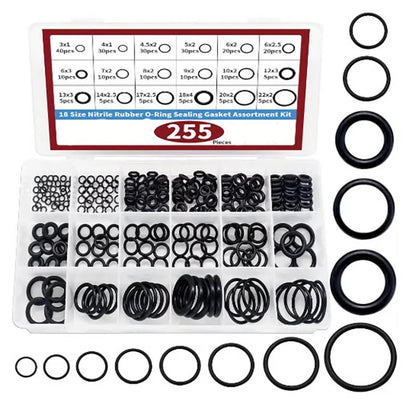 Kit de juntas tóricas de goma de 255 piezas, kit surtido de sellado de juntas de arandela NBR métrica de 18 tamaños, para grifo de plomería, automóvil, aire o gas