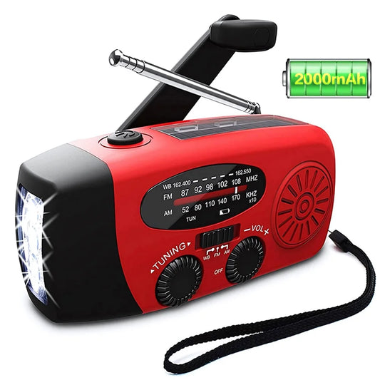 Luz de Camping alimentada por manivela Solar con Radio AM/FM para exteriores, linterna LED de dinamo de mano multifuncional con carga USB de 2000mAh
