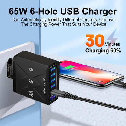 Cargador USB de 6 puertos de carga rápida, adaptador de teléfono móvil para iPhone 14, Samsung, Xiaomi, enchufe de la UE, KR, EE. UU., Reino Unido, 65W, QC3.0