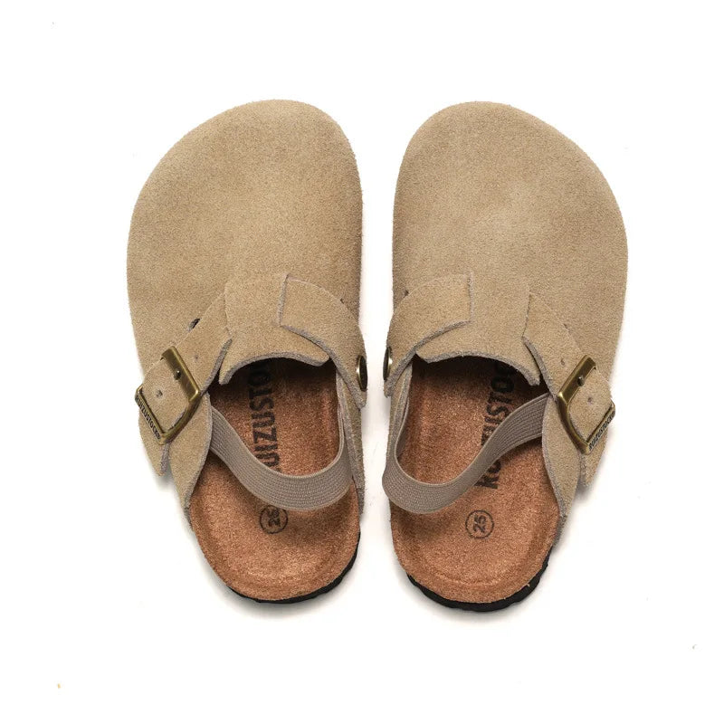 Kidmi moda niños zuecos de gamuza zapatillas zuecos para niños sandalias para niños y niñas mulas con hebilla ajustable de corcho con soporte Zapatillas de casa